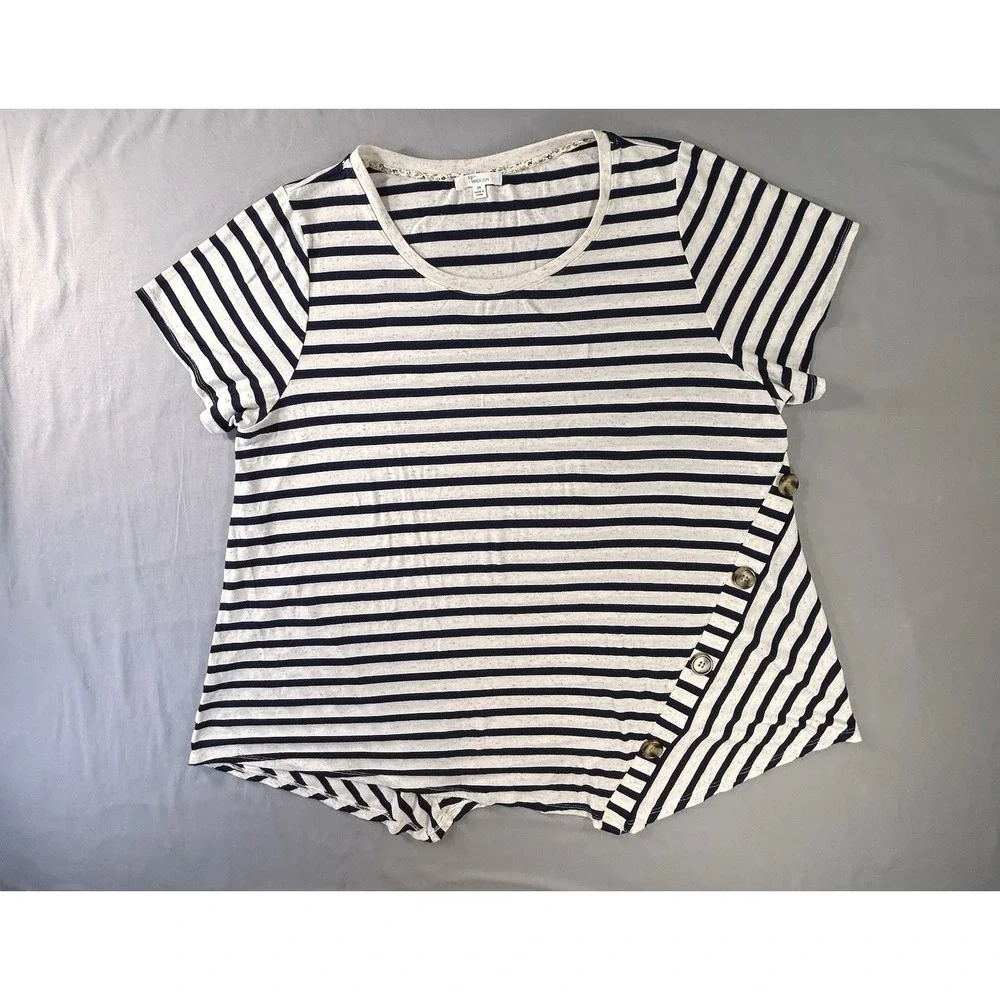 89th & Madison Women's 2X Asymmetrical Buttons Striped Shirt Summer Vacation